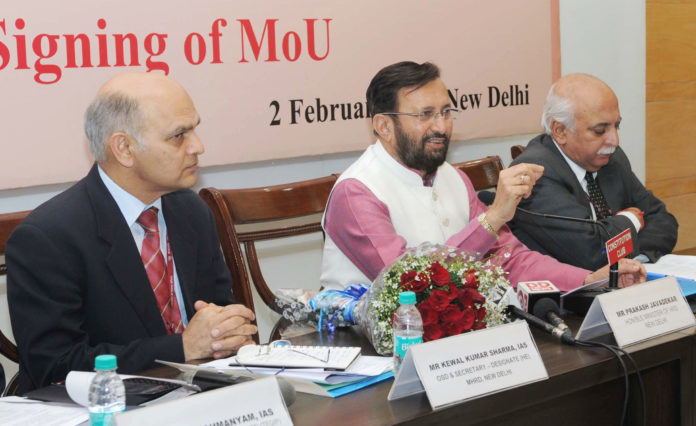 The Union Minister for Human Resource Development, Shri Prakash Javadekar addressing the signing ceremony of the MoU on TEQIP, in New Delhi on February 02, 2017. The Secretary, Department of Higher Education, Shri V.S. Oberoi is also seen.