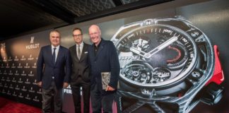 Ricardo GUADALUPE (Hublot CEO), Flavio MANZONI (Ferrari Head of Design), Jean-Claude BIVER (Hublot Chairman and President of LVMH Watch Division) unveil the Hublot Techframe timepiece
