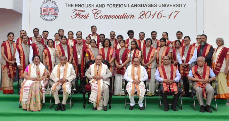 The President, Shri Pranab Mukherjee addressing at the first convocation of The English &amp; Foreign Languages University, in Hyderabad on April 26, 2017. The Governor of Telangana and Andhra Pradesh, Shri E.S.L. Narasimhan is also seen.