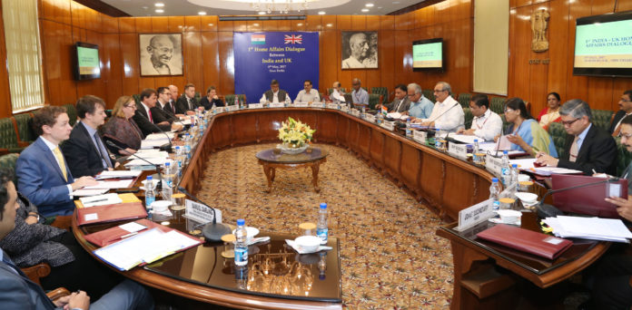 A UK delegation led by Ms. Patsy Wilkinson, Second Permanent Secretary, Home Office, Government of UK, holding talks with the Indian delegation, led by Union Home Secretary, Shri Rajiv Mehrishi, in New Delhi on May 04, 2017.