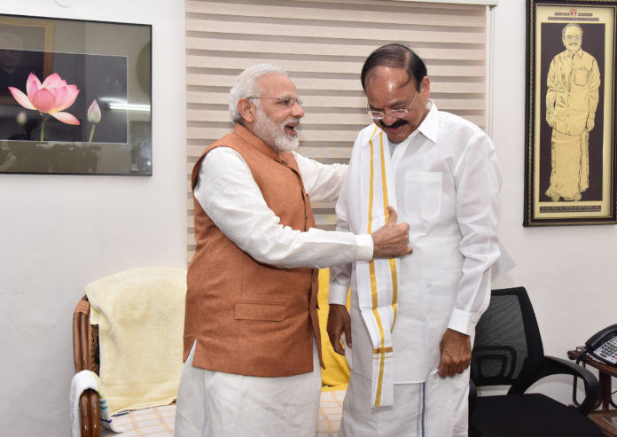 The Prime Minister, Shri Narendra Modi congratulates Shri M. Venkaiah Naidu on being elected Indias 13th Vice President, at his residence, in New Delhi on August 05, 2017.