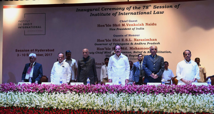 The Vice President, Shri M. Venkaiah Naidu at an event to inaugurate the 78th Session of Institute of International Law, at NALSAR University of Law, in Hyderabad on September 03, 2017. The Governor of Telangana, Shri E.S.L. Narasimhan, the Acting Chief Justice of High Court of Judicature at Hyderabad, Justice Ramesh Ranganathan, the Deputy Chief Minister of Telangana, Shri Mohammad Mahmood Ali and other dignitaries are also seen.