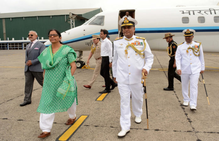 The Union Minister for Defence, Smt. Nirmala Sitharaman being received by the Commander-in- Chief Andaman & Nicobar, Command Vice Admiral, Bimal Verma, on her arrival, at Port Blair on October 18, 2017.