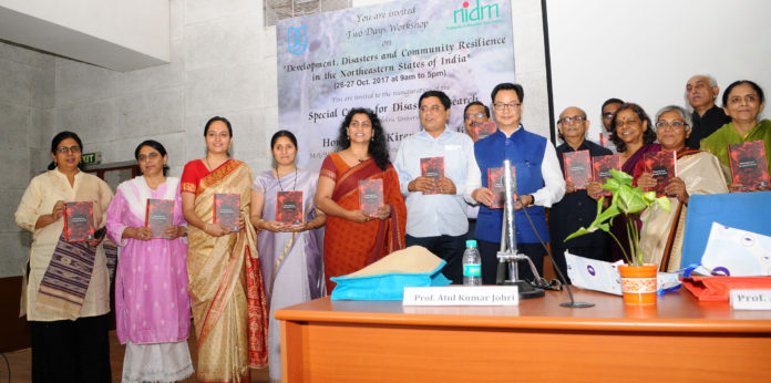 The Minister of State for Home Affairs, Shri Kiren Rijiju releasing the book Disaster Law, Emerging Thresholds, during the inauguration of the Special Centre for Disaster Research, at Jawaharlal Nehru University (JNU), in New Delhi on October 26, 2017.