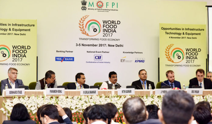 The Union Minister for Road Transport & Highways, Shipping and Water Resources, River Development & Ganga Rejuvenation, Shri Nitin Gadkari at the World Food India 2017 Conference on the Opportunities in Infrastructure Technology & Equipment, in New Delhi on November 04, 2017.