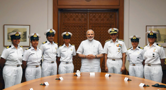 The Prime Minister, Shri Narendra Modi meeting the crew of INSV Tarini which successfully circumnavigated the globe, in New Delhi on May 23, 2018. The Chief of Naval Staff, Admiral Sunil Lanba is also seen.