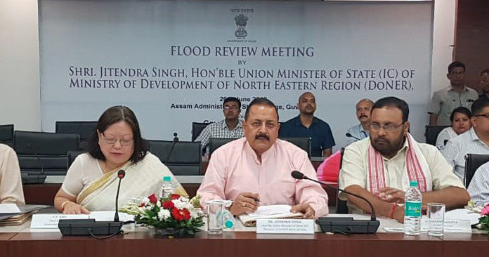 The Union Minister of State (Independent Charge) Development of North-Eastern Region (DoNER), MoS PMO, Personnel, Public Grievances & Pensions, Atomic Energy and Space, Dr Jitendra Singh chairing a meeting to review the flood situation, in Guwahati, Assam, on June 26, 2018.