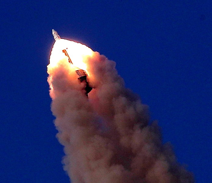 Crew Escape System (CES) lifting off from the launch pad, during a test conducted by the Indian Space Research Organisation (ISRO), at Satish Dhawan Space Centre, Sriharikota, Andhra Pradesh on July 05, 2018.