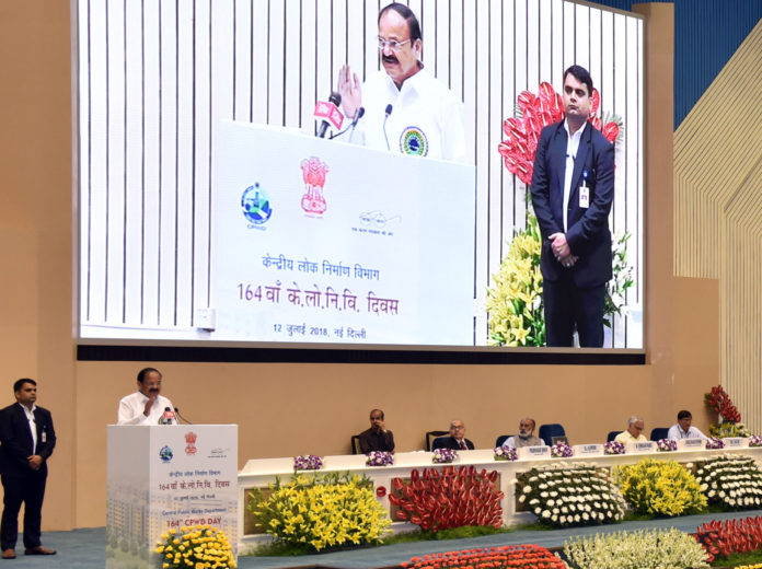 The Vice President, Shri M. Venkaiah Naidu addressing the gathering at the 164th Central Public Works Department Day celebrations, in New Delhi on July 12, 2018. The Minister of State for Tourism (I/C), Shri Alphons Kannanthanam, the Secretary, Ministry of Housing and Urban Affairs, Shri Durga Shanker Mishra and other dignitaries are also seen.
