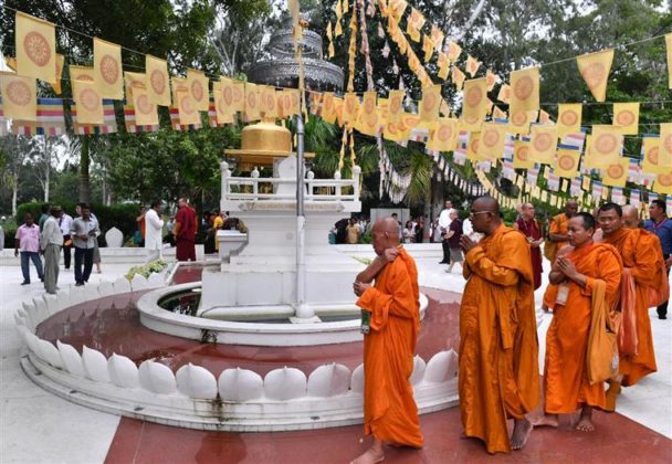 The delegates of the International Buddhist Conclave- 2018 offering prayers at Bamboo Grove (Venu Van), in Rajgir, Bihar on August 25, 2018.