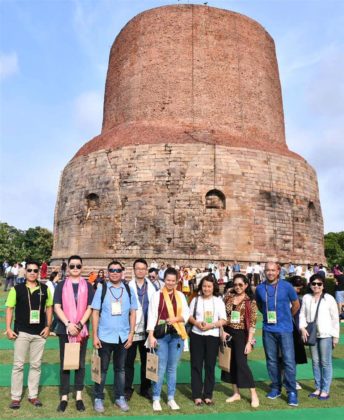 The delegates of the International Buddhist Conclave – 2018 visiting the Sarnath Stupa, at Varanasi, in Uttar Pradesh on August 26, 2018.