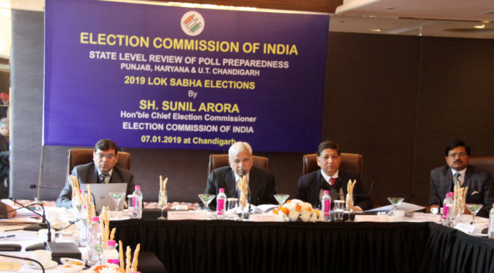The Chief Election Commissioner, Shri Sunil Arora reviewing the election preparedness of Punjab, Haryana and Chandigarh in connection with the forthcoming Lok Sabha Elections in 2019, in Chandigarh on January 07, 2019. The Senior Deputy Election Commissioner, Shri Umesh Sinha and other dignitaries are also seen.