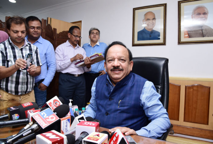 Dr. Harsh Vardhan interacting with the media after taking charge as the Union Minister for Health and Family Welfare, in New Delhi on June 03, 2019.