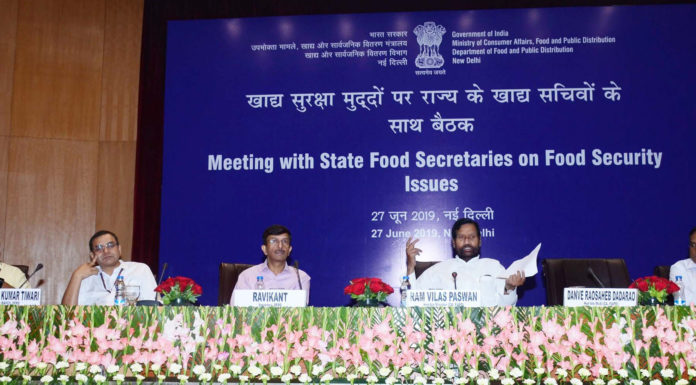 The Union Minister for Consumer Affairs, Food and Public Distribution, Shri Ram Vilas Paswan chairing a meeting with the State Food Secretaries on Food Security Issue, in New Delhi on June 27, 2019. The Secretary, Department of Food & Public Distribution, Shri Ravikant is also seen.