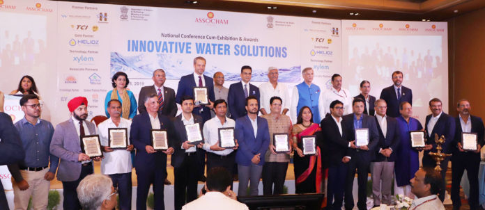 The Union Minister for Jal Shakti, Shri Gajendra Singh Shekhawat with the awardees at the National Conference-cum-Exhibition & Awards-Innovative Water Solutions- ASSOCHAM, in New Delhi on June 28, 2019.