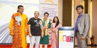 L-R : Chief guests talented singer Surojit Chatterjee, renowned actor Rajatava Dutta, famous actor Debdut Ghosh,and popular actress Sreelekha Mitra along with Mr. Santu Sinha, Mentor, Shine Production unveiling of the app "Shine Pro".