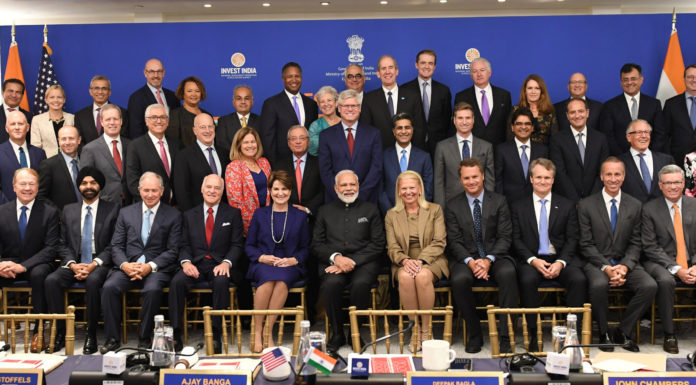 The Prime Minister, Shri Narendra Modi in a group photograph with the CEOs at a Roundtable, in New York, USA on September 25, 2019.