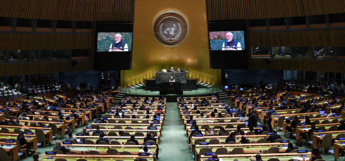 The Prime Minister, Shri Narendra Modi addressing at the United Nations General Assembly (UNGA), in New York, USA on September 27, 2019.