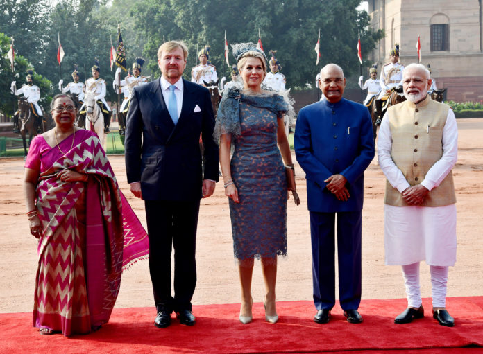 The President, Shri Ram Nath Kovind and the Prime Minister, Shri Narendra Modi with His Majesty King Willem-Alexander and Her Majesty Queen Maxima of the Kingdom of Netherlands, at the Ceremonial Reception, at Rashtrapati Bhavan, in New Delhi on October 14, 2019.