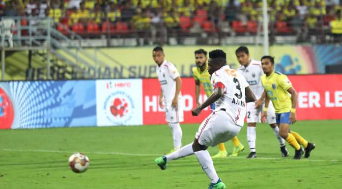 NEUFC's Asamoah Gyan restored parity from the penalty spot against Kerala Blasters FC in the Hero ISL