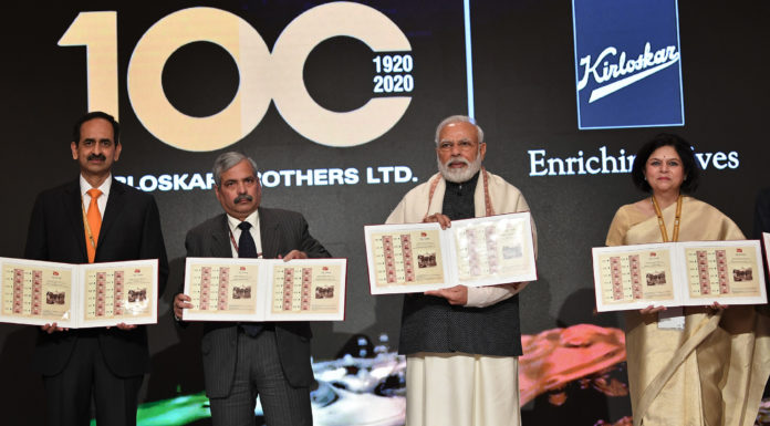 The Prime Minister, Shri Narendra Modi releasing the postage stamp to commemorate 100 years of Kirloskar Brothers Ltd. (KBL), at the centenary celebrations of Kirloskar Brothers Ltd., in New Delhi on January 06, 2020.