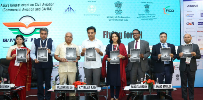 The Minister for IT E&C, MA&UD and Industries & Commerce Departments, Telangana, Shri K.T. Rama Rao and other dignitaries at the launch of the Wings India 2020, flagship event of Civil Aviation, in Hyderabad, Telangana on March 13, 2020.