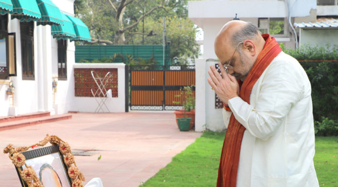 The Union Home Minister, Shri Amit Shah paying tributes to Babasaheb Dr. B.R. Ambedkar on the occasion of his birth anniversary, in New Delhi on April 14, 2020.