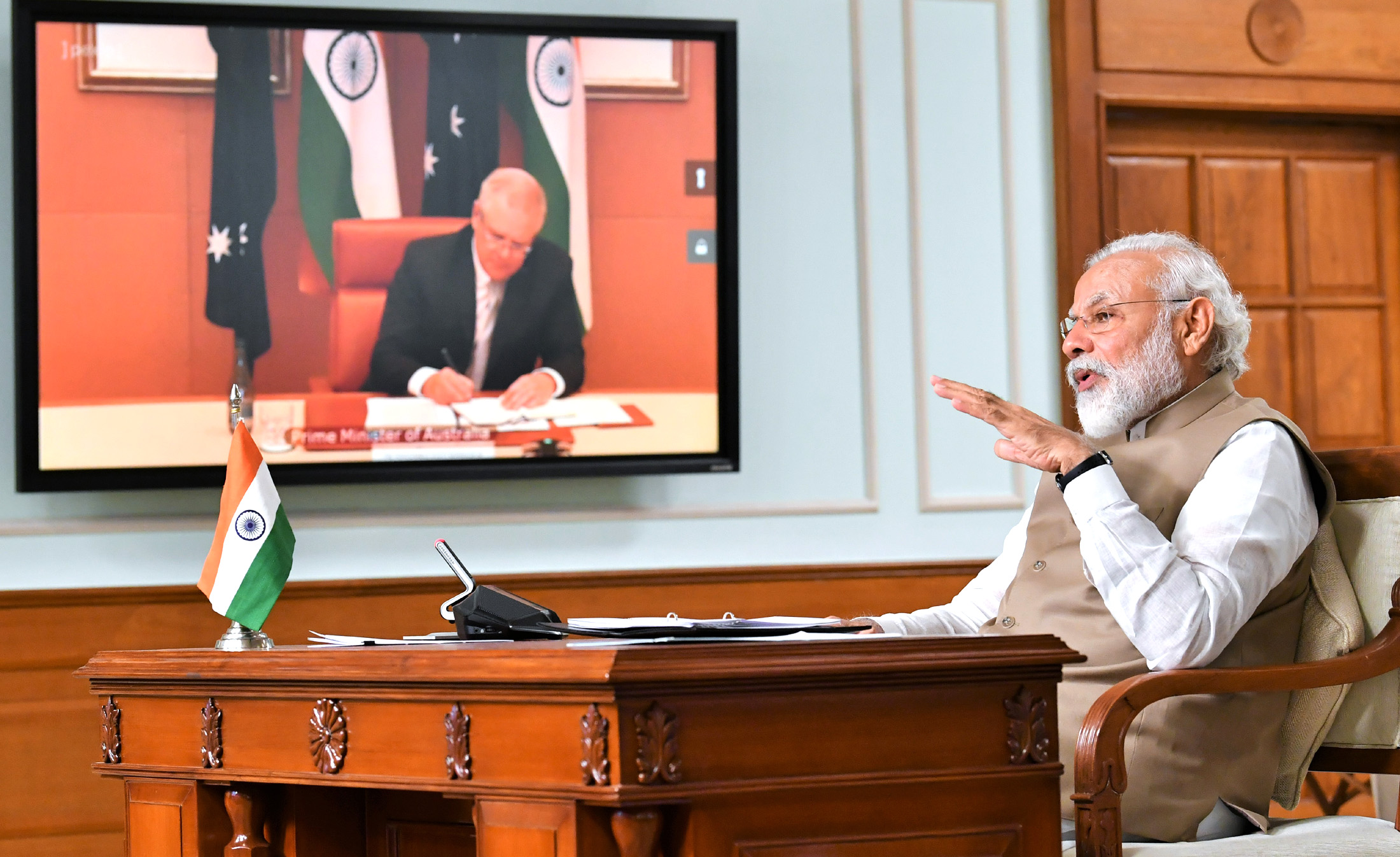 The Prime Minister, Shri Narendra Modi with the Prime Minister of Australia, Mr. Scott Morrison at the India - Australia Leaders Virtual Summit, in New Delhi on June 04, 2020.