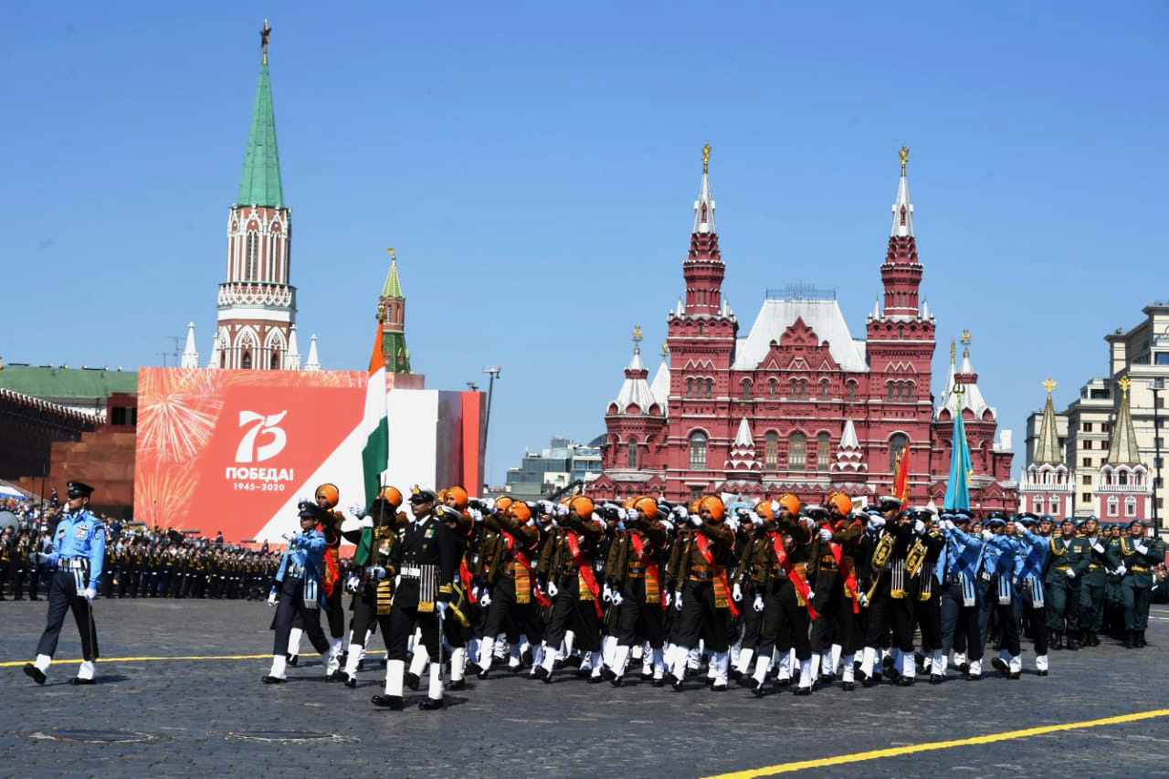 The Indian Tri-Service contingent taking part in the Victory Day Parade at Red Square to commemorate the 75th Anniversary of victory of Soviet people in the great Patriotic War of 1941-1945, in Moscow on June 24, 2020.