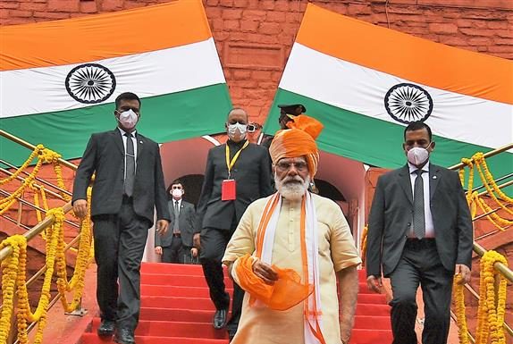 The Prime Minister, Shri Narendra Modi after addressing the Nation on the occasion of 74th Independence Day from the ramparts of Red Fort, in Delhi on August 15, 2020.