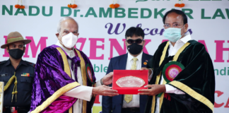 The Vice President, Shri M. Venkaiah Naidu at the 11th Convocation of the Tamil Nadu Dr. Ambedkar Law University, in Chennai, Tamil Nadu on February 27, 2021. The Governor of Tamil Nadu, Shri Banwarilal Purohit is also seen.