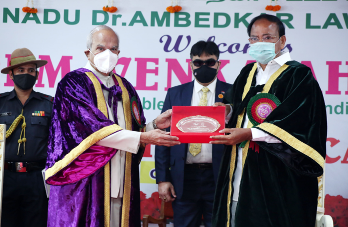The Vice President, Shri M. Venkaiah Naidu at the 11th Convocation of the Tamil Nadu Dr. Ambedkar Law University, in Chennai, Tamil Nadu on February 27, 2021. The Governor of Tamil Nadu, Shri Banwarilal Purohit is also seen.