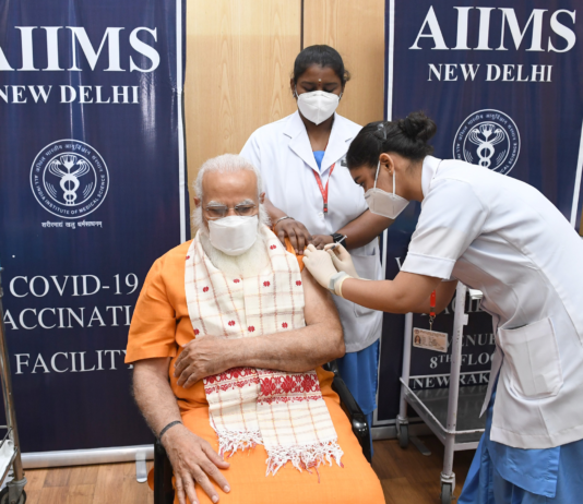 The Prime Minister, Shri Narendra Modi takes second dose of the COVID-19 vaccine, at AIIMS, New Delhi on April 08, 2021.