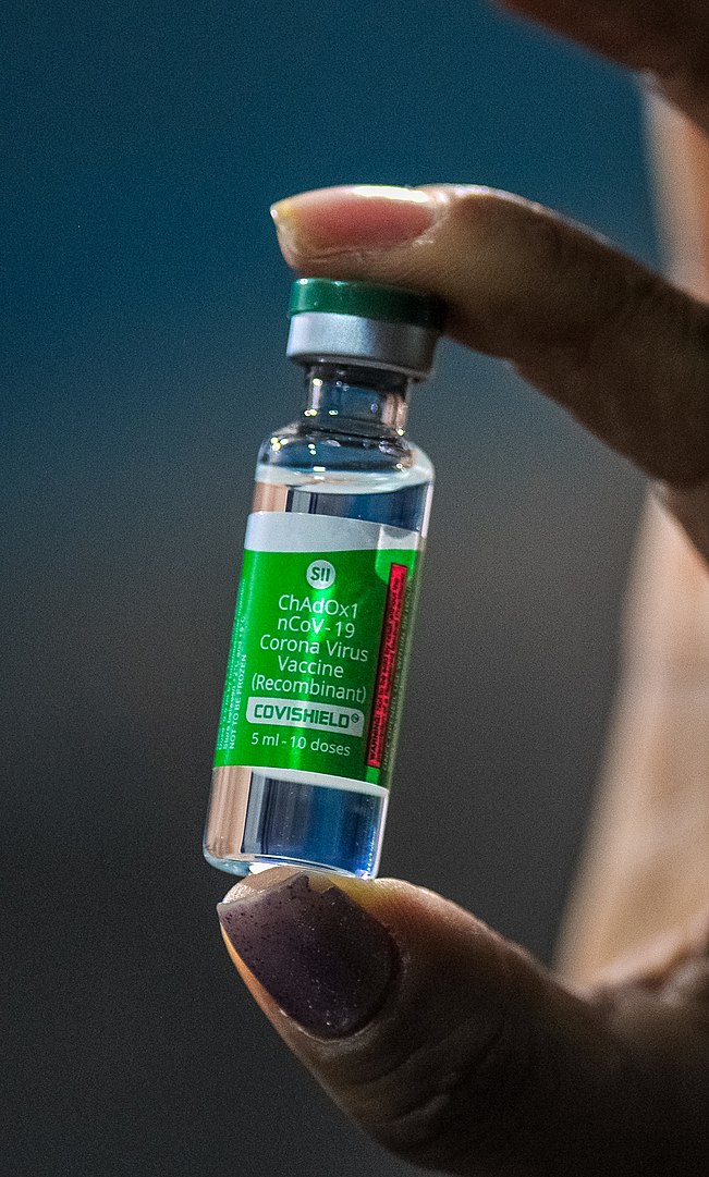 Vial of the Oxford–AstraZeneca vaccine manufactured by the Serum Institute of India (marketed as Covishield in India and in a few other countries)