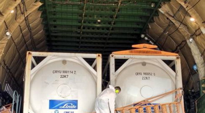Oxygen containers weighing 8.2 MT each arrived at Kolkata Airport in Volga Dnepr AN124 aircraft.