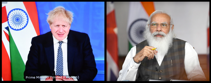 The Prime Minister, Shri Narendra Modi and the Prime Minister of the United Kingdom, Mr. Boris Johnson at the INDIA-UK Virtual Summit, in New Delhi on May 04, 2021.