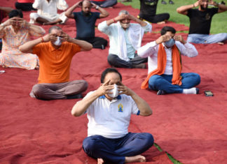 The Union Minister for Health & Family Welfare, Science & Technology and Earth Sciences, Dr. Harsh Vardhan performing Yoga, on the occasion of the 7th International Day of Yoga 2021, at Maharaja Agrasen Park, Kashmere Gate, Delhi on June 21, 2021.