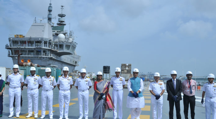 The Union Minister for Defence, Shri Rajnath Singh at Kochi Naval Base during the review of construction of first Indigenous Aircraft Carrier, in Kochi on June 25, 2021. The Chief of Naval Staff, Admiral Karambir Singh is also seen.