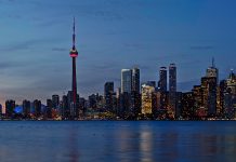 Toronto skyline at dusk, from Toronto Harbour looking north,