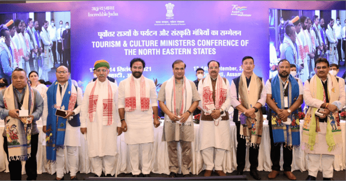 The Union Minister for Culture, Tourism and Development of North Eastern Region (DoNER), Shri G. Kishan Reddy, the Minister of State for Parliamentary Affairs and Culture, Shri Arjun Ram Meghwal, the Chief Minister of Assam, Shri Himanta Biswa Sarma, the Minister of State for Defence and Tourism, Shri Ajay Bhatt at the inaugural session of the Tourism & Culture Ministers Conference of the North Eastern States, in Guwahati, Assam on September 13, 2021. The Secretary, Ministry of Tourism, Shri Arvind Singh and other dignitaries are also seen.