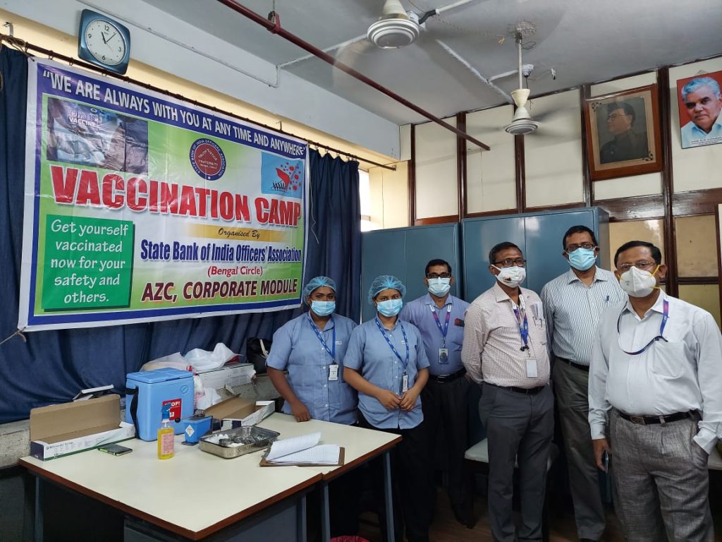 Mass vaccination of State Bank of Employees, contractual support staffs, drivers, and their family members organised by State Bank of India Officer’s Association, Bengal Circle, AZC, Corporate Module.