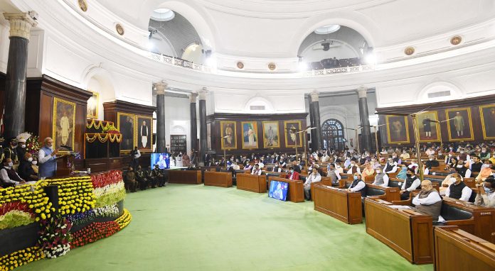 The Prime Minister, Shri Narendra Modi addressing at the Constitution Day Celebrations, at Parliament House, in New Delhi on November 26, 2021.